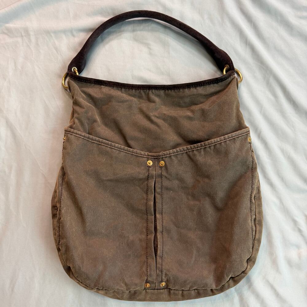 Zara Brown Canvas Leather Trim Hobo Shoulder Bag Women's Large - Picture 2 of 13